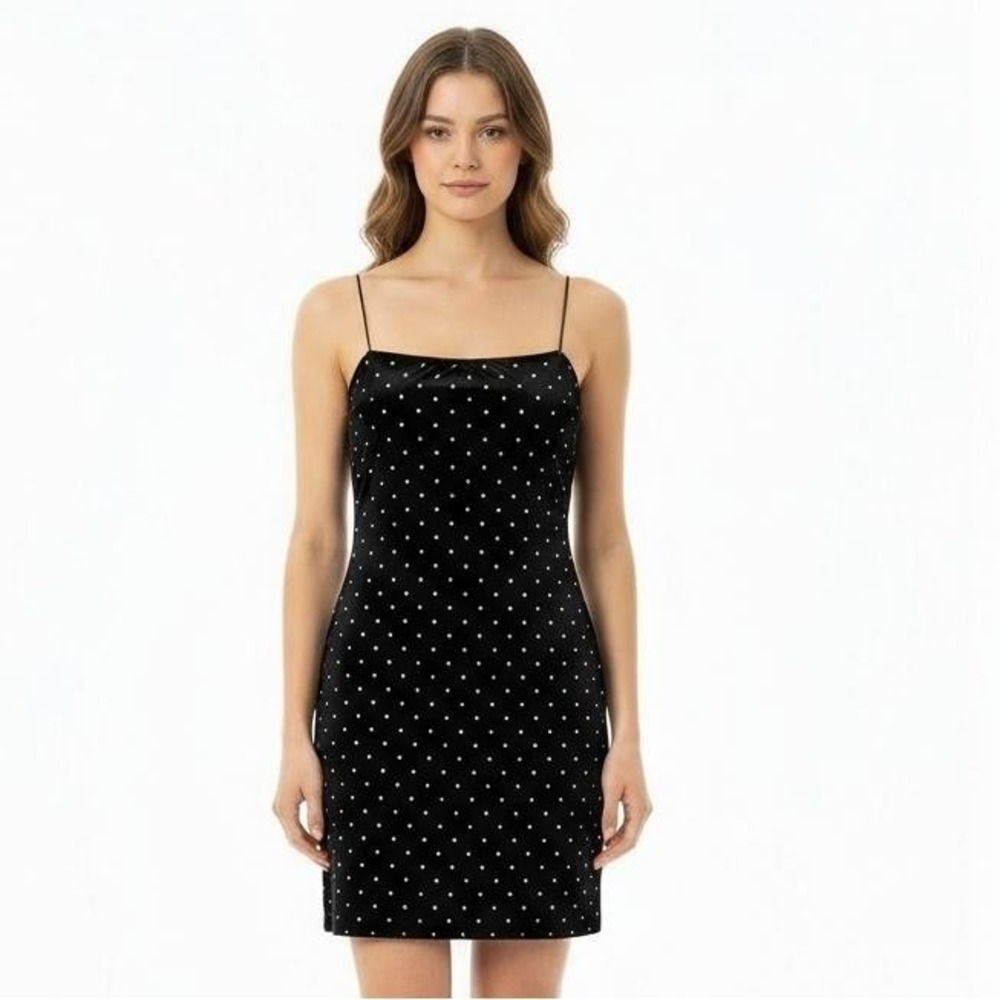 H&M Black Velvet Rhinestone Mini Dress Medium Bodycon Spaghetti Strap‎ Party Y2K